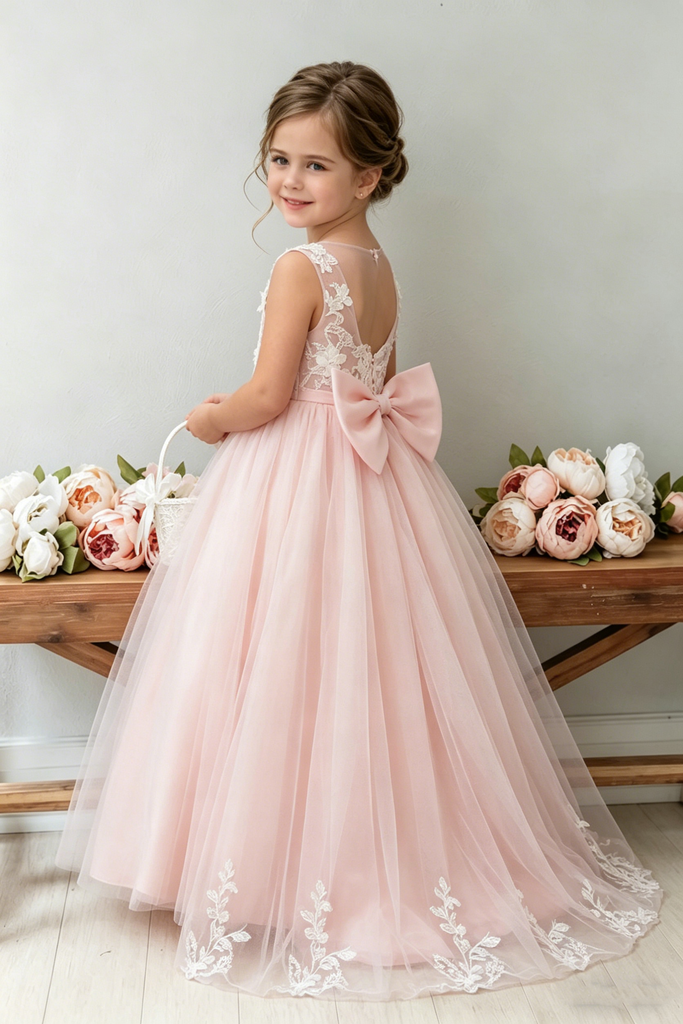 Pretty Pink Tulle Flower Girl Dress Floral Lace Bodice Sleeveless Bow Gown, FGS0049