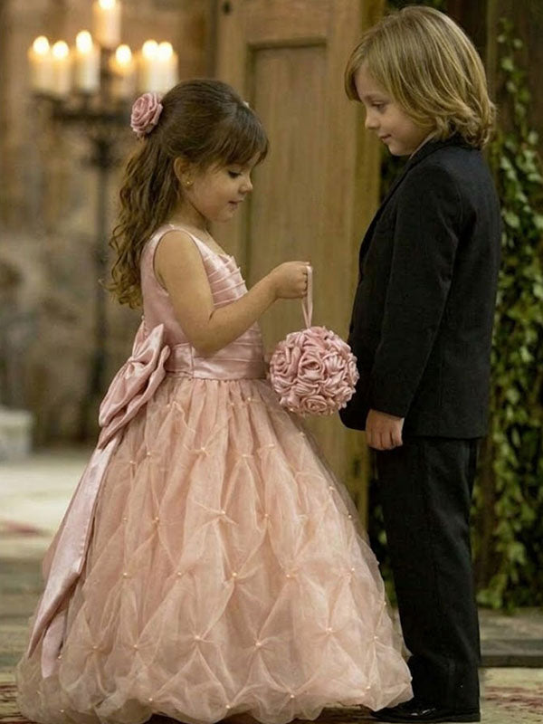 Pretty Pink Flower Girl Ball Gown Featuring Fancy Pearl Accented Tulle, FGS0054