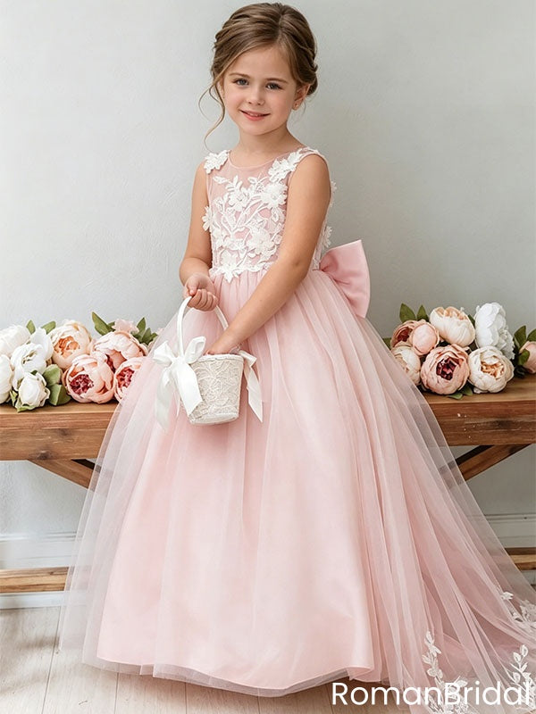 Pretty Pink Tulle Flower Girl Dress Floral Lace Bodice Sleeveless Bow Gown, FGS0049