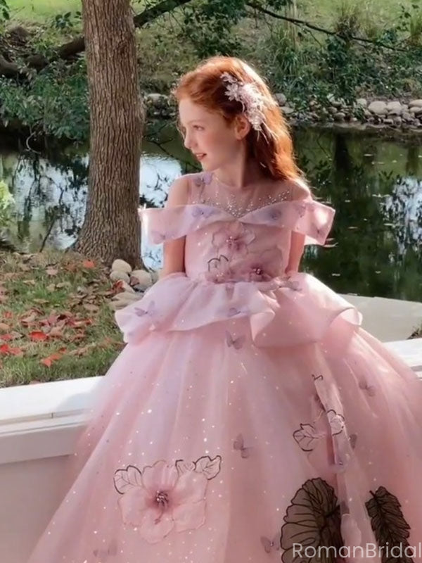 Cute Pink Off-Shoulder Long A-Line Flower Girl Dress , FGS0037