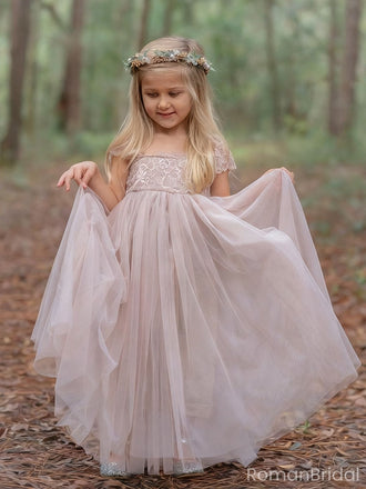 Cute Pink Short Sleeve Floral Long A-Line Flower Girl Dress, FGS0041