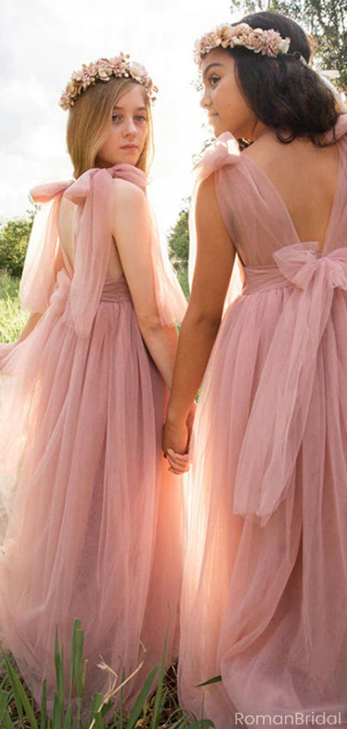 Cute Pink Square Sleeveless Floral Long A-Line Flower Girl Dress, FGS0042