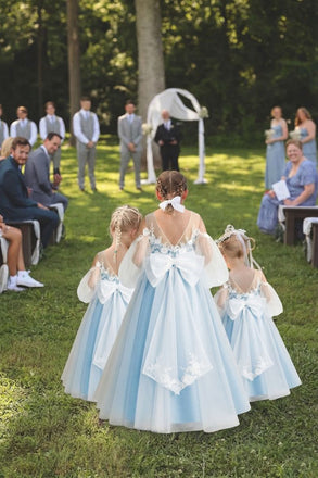 Classy Modern Blue Flower Girl Dresses Tulle Long Sleeve A Line Floor Length Gown, FGS0053