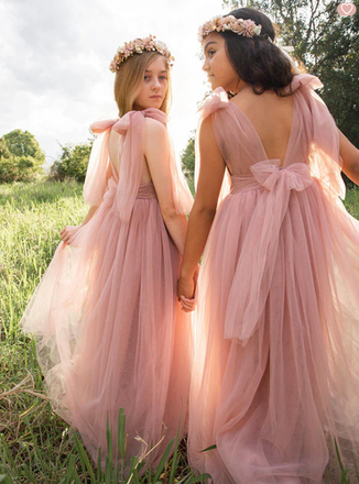 Cute Pink Square Sleeveless Floral Long A-Line Flower Girl Dress, FGS0042