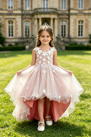 Beautiful High-Low Flower Girl Dress 3D Floral Lace Sleeveless Party Dress, FGS0050