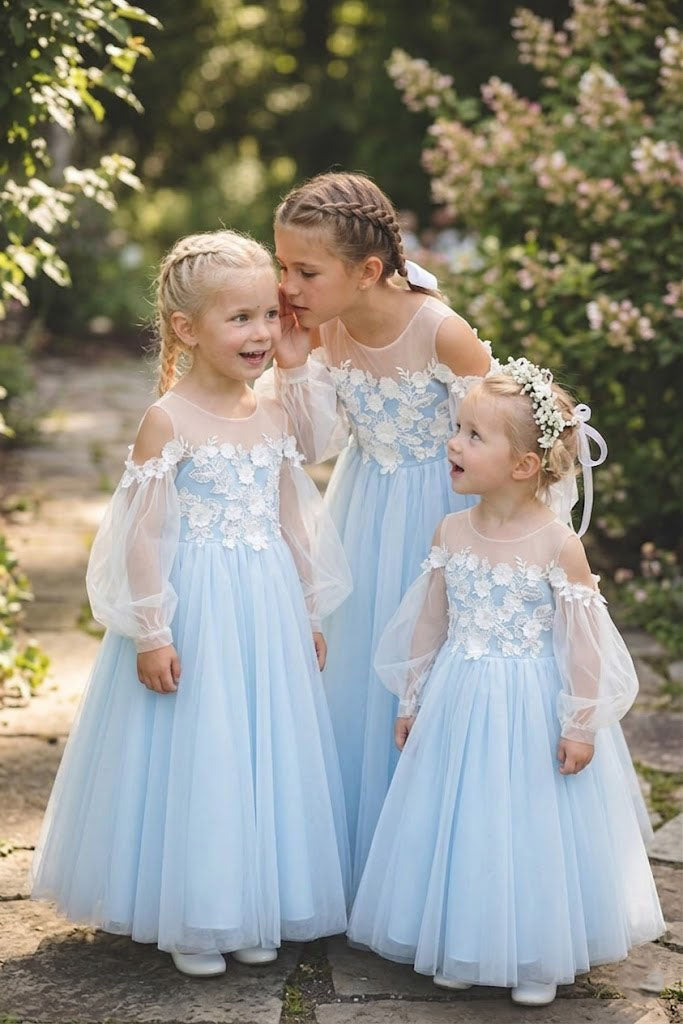 Classy Modern Blue Flower Girl Dresses Tulle Long Sleeve A Line Floor Length Gown, FGS0053