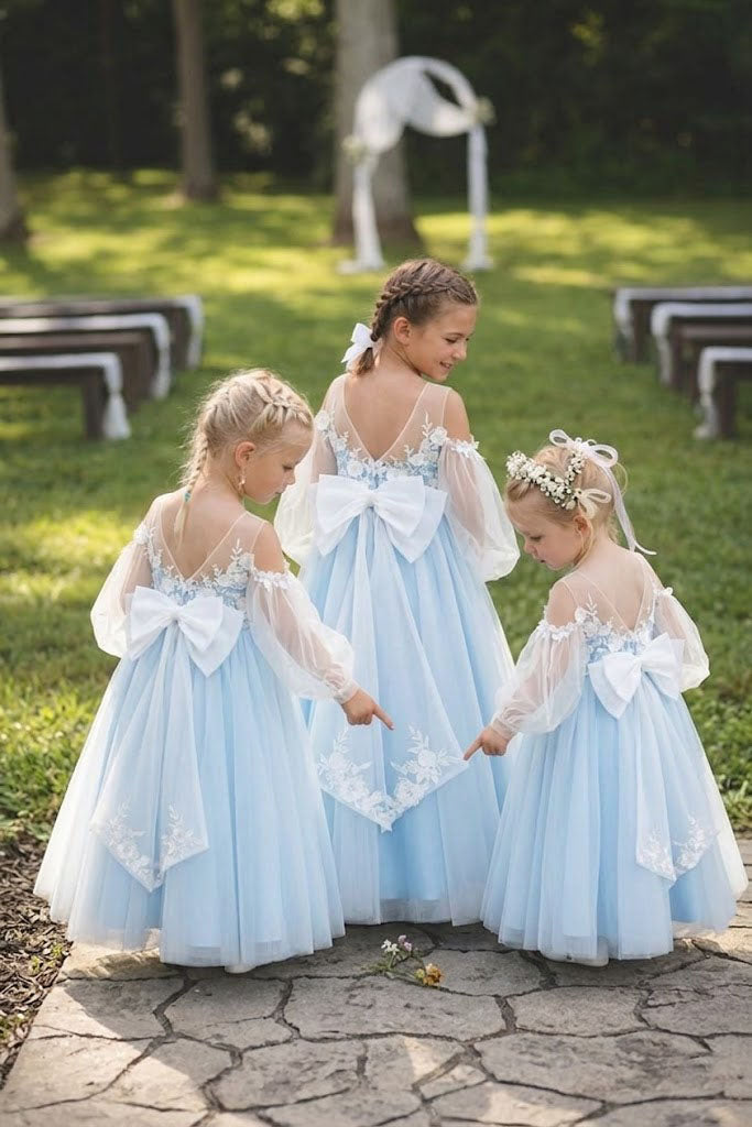 Classy Modern Blue Flower Girl Dresses Tulle Long Sleeve A Line Floor Length Gown, FGS0053