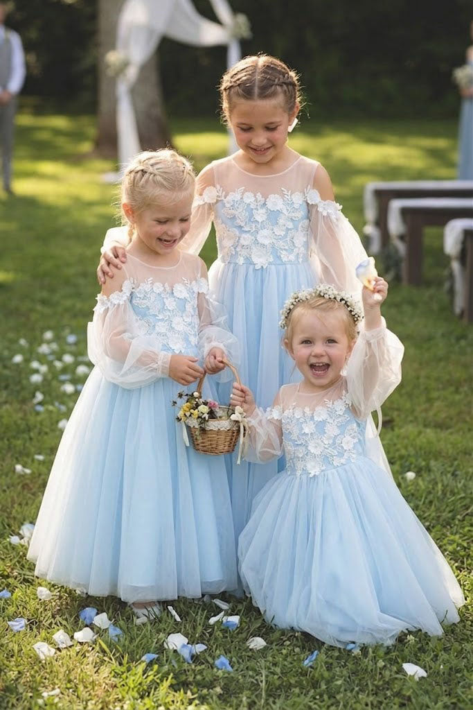 Classy Modern Blue Flower Girl Dresses Tulle Long Sleeve A Line Floor Length Gown, FGS0053