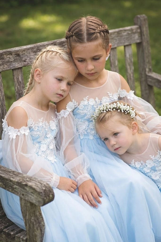 Classy Modern Blue Flower Girl Dresses Tulle Long Sleeve A Line Floor Length Gown, FGS0053