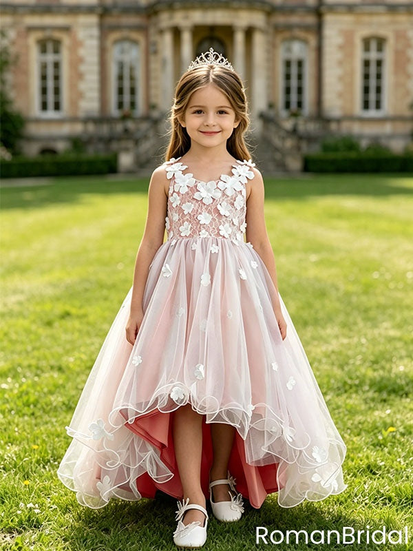 Beautiful High-Low Flower Girl Dress 3D Floral Lace Sleeveless Party Dress, FGS0050