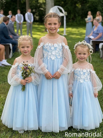 Classy Modern Blue Flower Girl Dresses Tulle Long Sleeve A Line Floor Length Gown, FGS0053