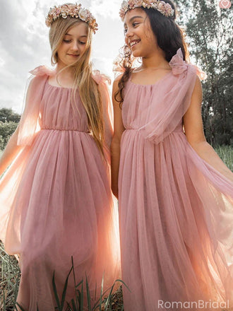 Cute Pink Square Sleeveless Floral Long A-Line Flower Girl Dress, FGS0042