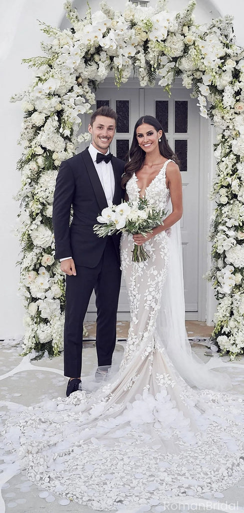 Elegant Applique White Spaghetti Strap Mermaid Long Wedding Dresses With Sweep Trailing,WD0579