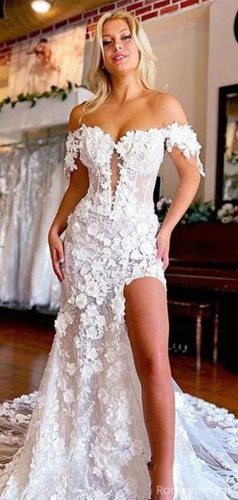 Floral White Off-Shoulder Mermaid Long Wedding Dresses With Sweep Trailing,WD0577