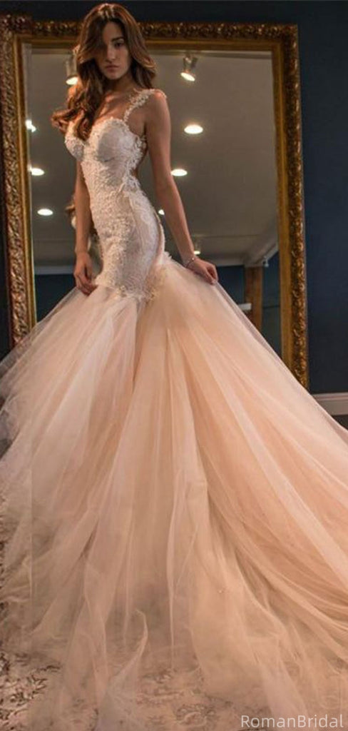 Elegant Pink Spaghetti Strap Lace Mermaid Long Wedding Dresses With Sweep Trailing,WD0573