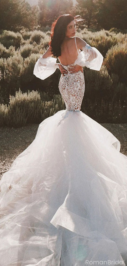 Elegant White Spaghetti Strap Lace Mermaid Long Wedding Dresses With Sweep Trailing,WD0574