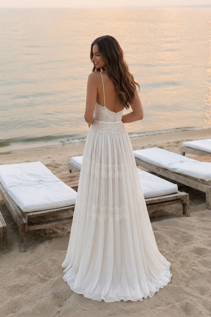 Romantic Boho Lace Tiered V-Neck Maxi Wedding Dresses,WD0640
