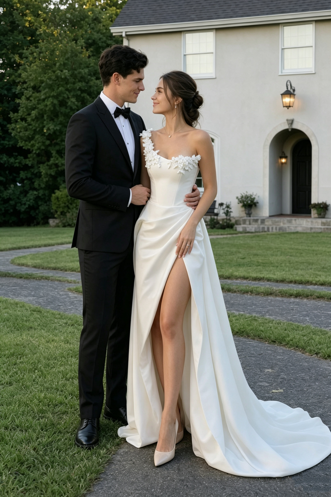 Modern One-Shoulder Satin Wedding Dresses Featuring Floral Applique High Slit,WD0630