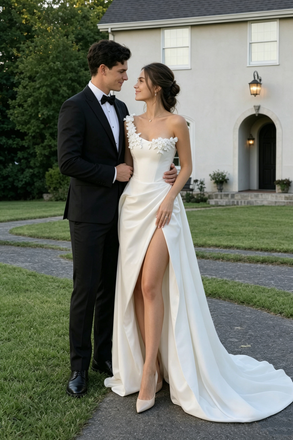 Modern One-Shoulder Satin Wedding Dresses Featuring Floral Applique High Slit,WD0630