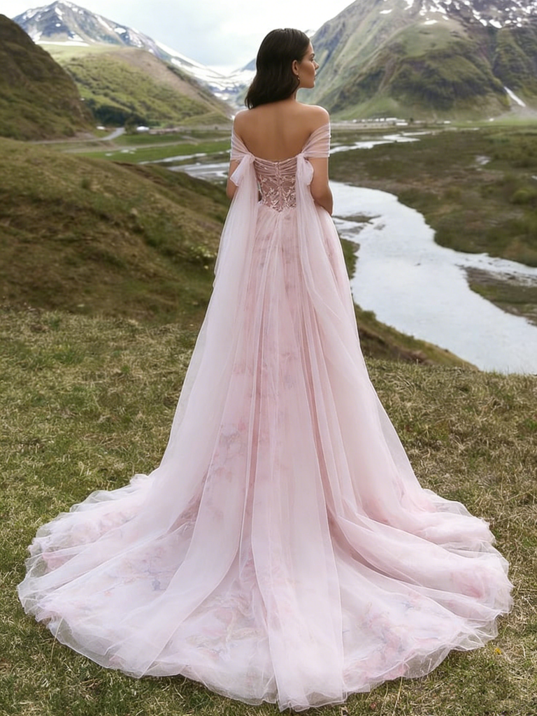 Elegnat Off-The-Shoulder Tulle Wedding Dresses Pink Floral Applique Fairy Style Ball Gown,WD0584