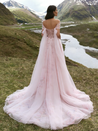 Elegnat Off-The-Shoulder Tulle Wedding Dresses Pink Floral Applique Fairy Style Ball Gown,WD0584