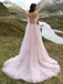 Elegnat Off-The-Shoulder Tulle Wedding Dresses Pink Floral Applique Fairy Style Ball Gown,WD0584