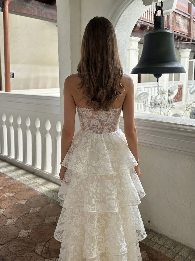 Stunning White Strapless A-Line Tiered Lace Wedding Dresses for a Beautiful Modern Bride,WD0629