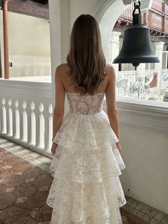 Stunning White Strapless A-Line Tiered Lace Wedding Dresses for a Beautiful Modern Bride,WD0629