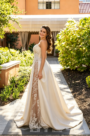 Stunning Champagne Lace Applique Wedding Dresses with Sheer Leg Slit,WD0609