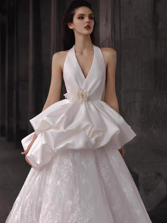 Elegant White V-Neck A-Line Long Wedding Dresses With Sweep Trailing,WD0564