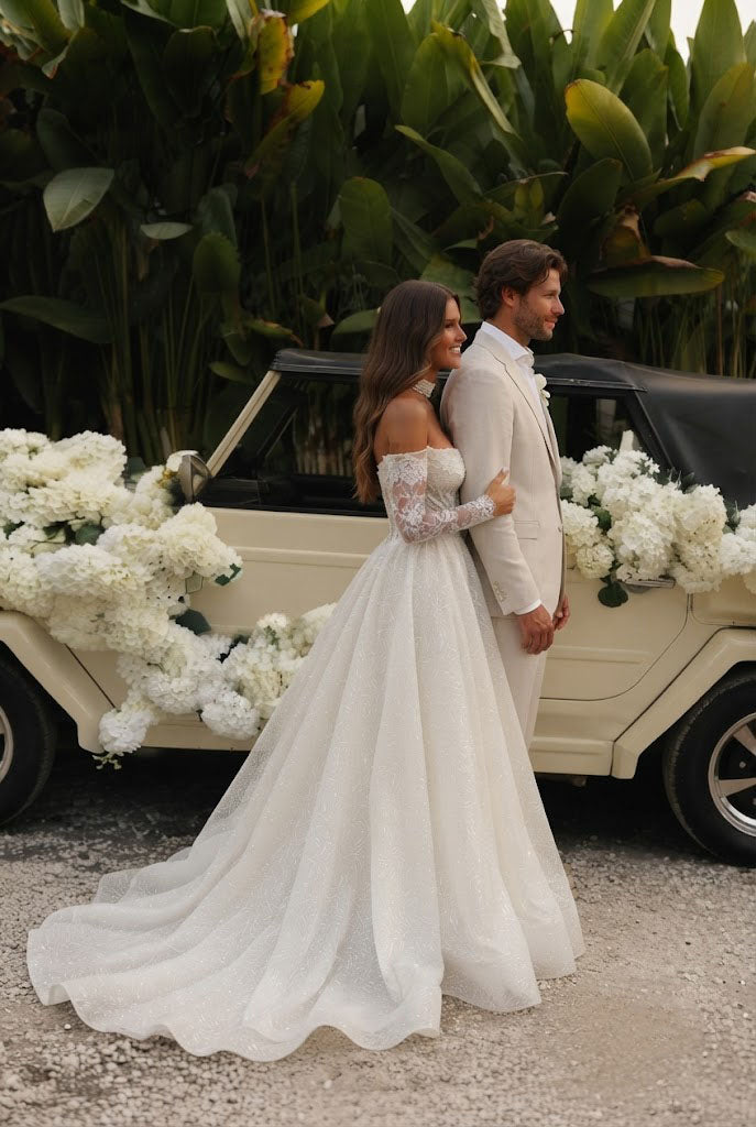 Stunning Off-The-Shoulder Lace Wedding Dresses With Sheer Long Sleeves,WD0635