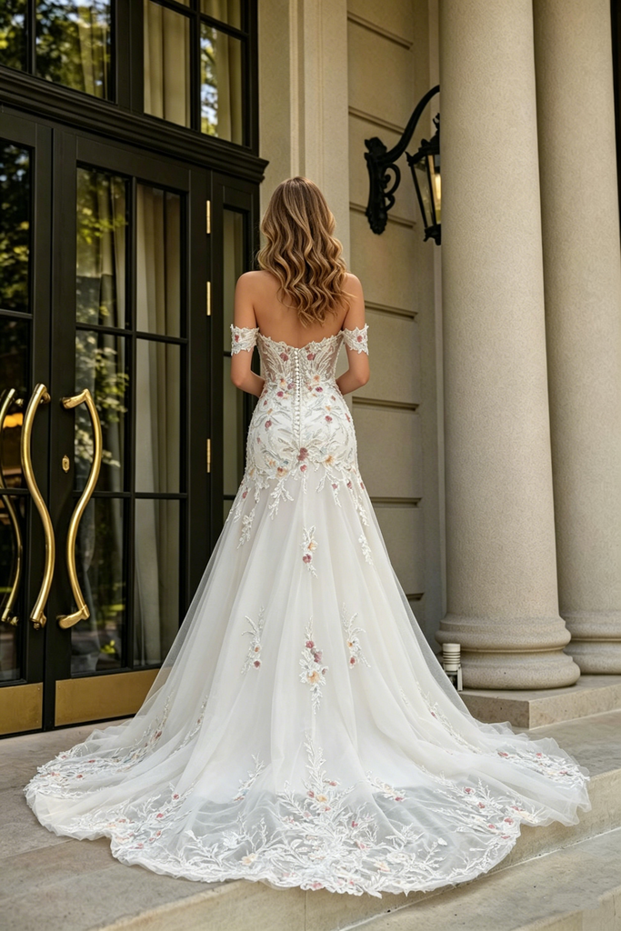 Classy Floral Applique Wedding Dresses Cold Shoulder V Neck Embroidery Tulle Dress,WD0600