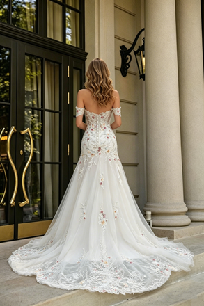 Classy Floral Applique Wedding Dresses Cold Shoulder V Neck Embroidery Tulle Dress,WD0600