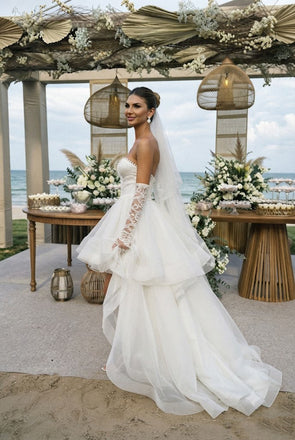 Modern Sweetheart Pearl-Trimmed High-Low Tulle Wedding Dresses with Sleeves,WD0633