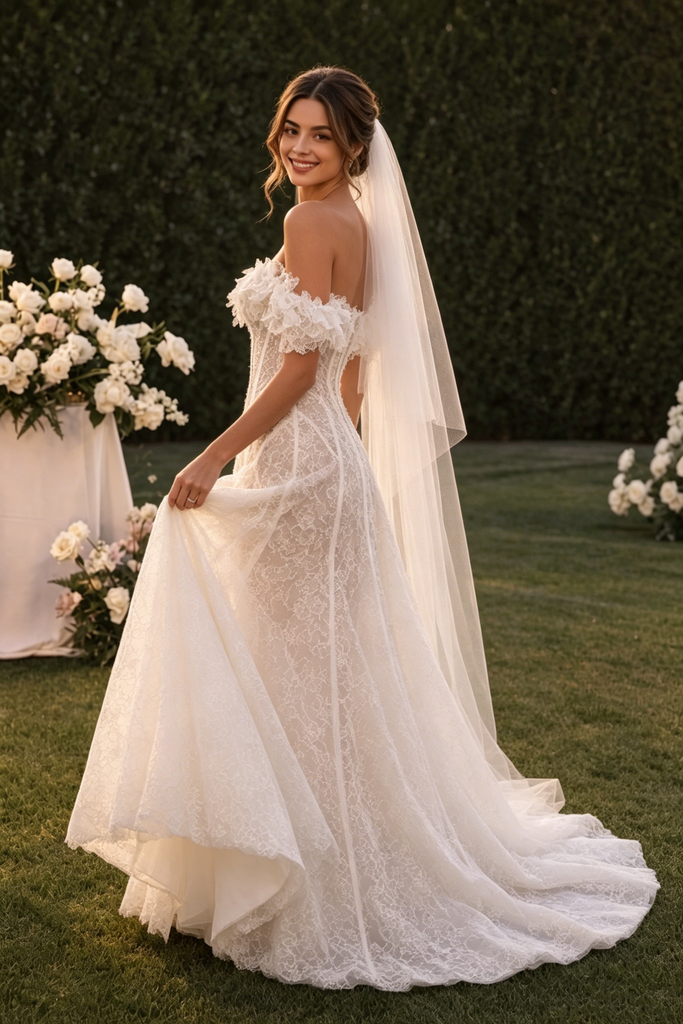 Beautiful Lace Wedding Dresses Off-Shoulder Ruffled Corset Long Cathedral Veil,WD0610