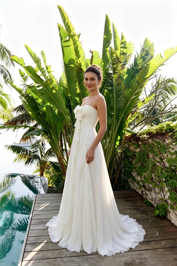 Beautiful White Strapless Chiffon Floral Flowy Beach Wedding Dresses,WD0626