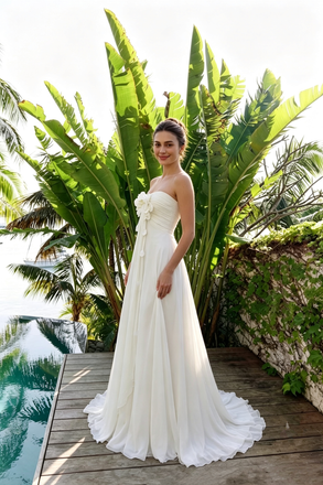 Beautiful White Strapless Chiffon Floral Flowy Beach Wedding Dresses,WD0626