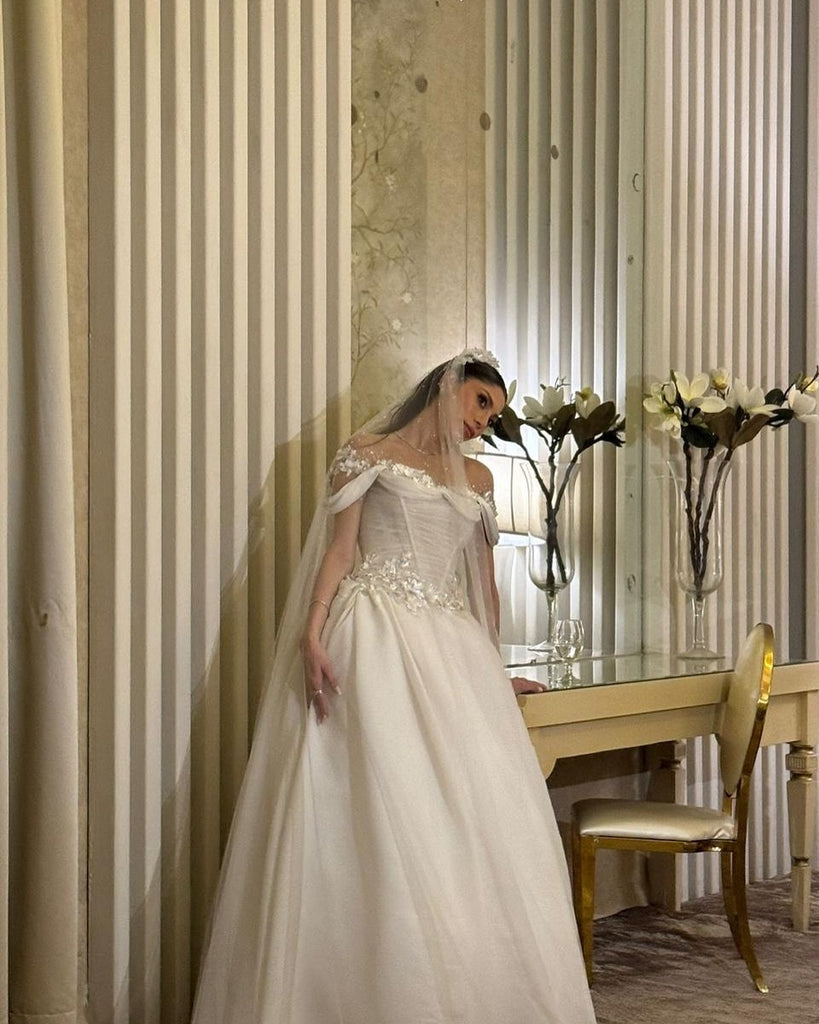 Floral White Off-Shoulder A-Line Long Wedding Dresses With Sweep Trailing,WD0580