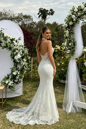 Fancy High Neck Halter Lace Mermaid Wedding Dresses with Illusion Cutout Back,WD0597