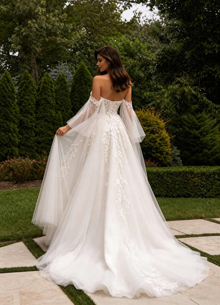 Beautiful White Lace A Line Wedding Dresses Featuring Romantic Off Shoulder Tulle,WD0608