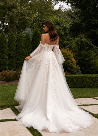 Beautiful White Lace A Line Wedding Dresses Featuring Romantic Off Shoulder Tulle,WD0608