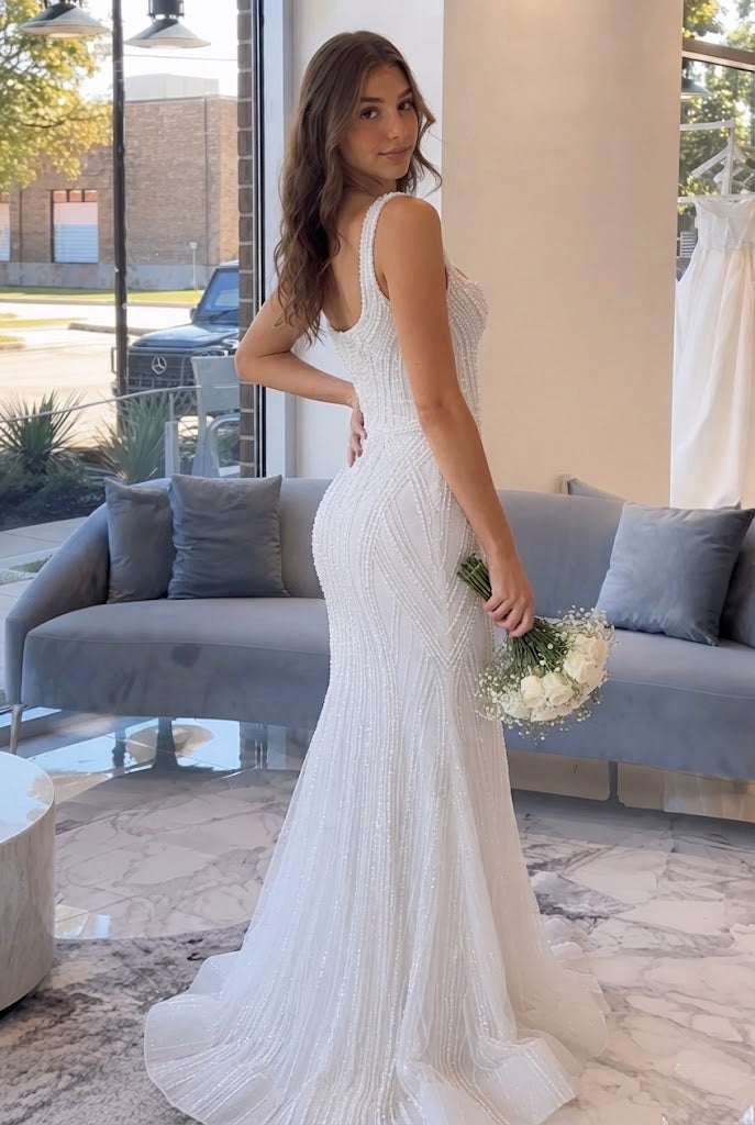 Scoop Neck Sleeveless Floor Length Mermaid Wedding Dresses Beaded Sophisticated,WD0648