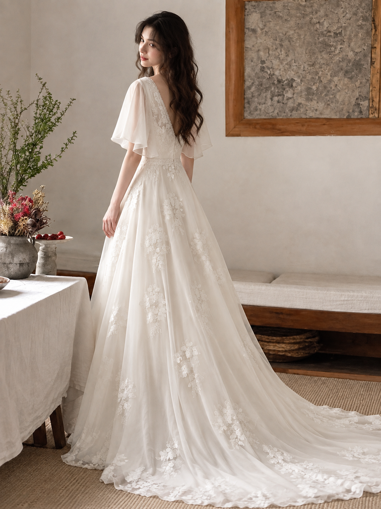 Modern Classy A-Line V-Neck Wedding Dresses Flutter Sleeves Floral Appliques,WD0666