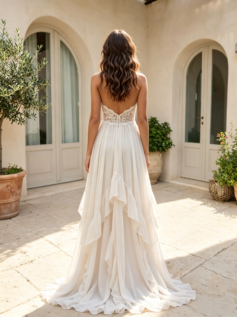 Romantic Halter Neck Lace Chiffon Wedding Dresses High Slit Pleated Bridal Gown,WD0631