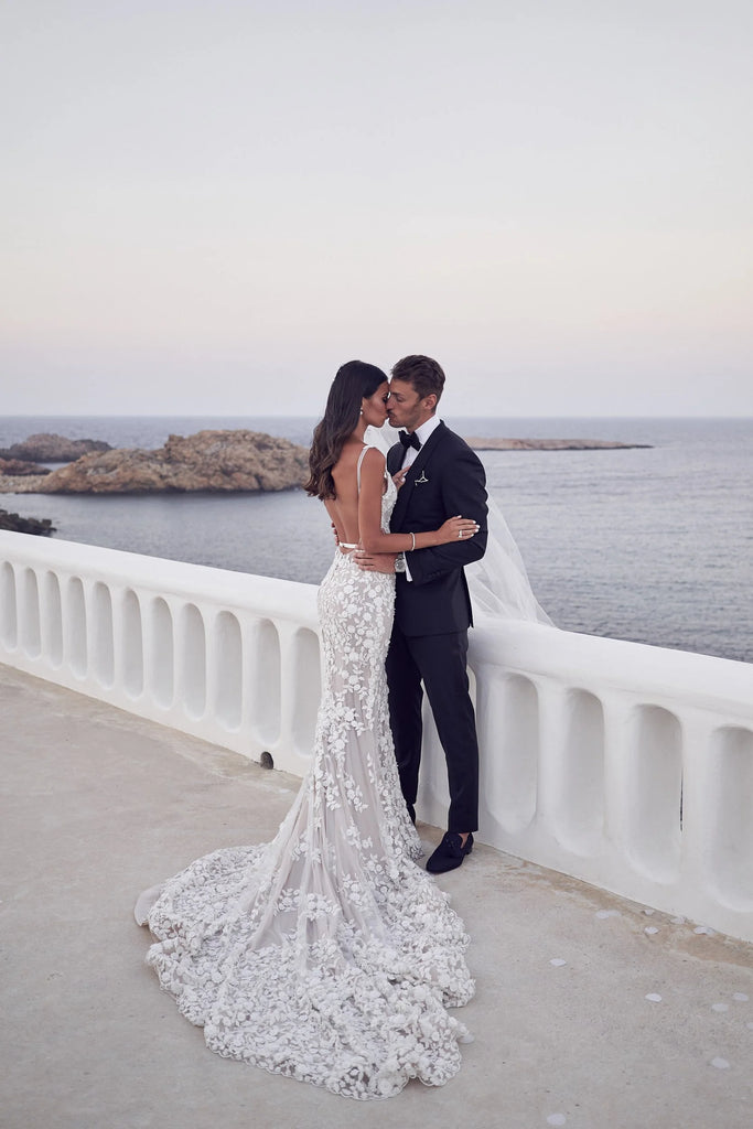 Elegant Applique White Spaghetti Strap Mermaid Long Wedding Dresses With Sweep Trailing,WD0579