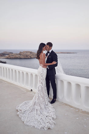 Elegant Applique White Spaghetti Strap Mermaid Long Wedding Dresses With Sweep Trailing,WD0579