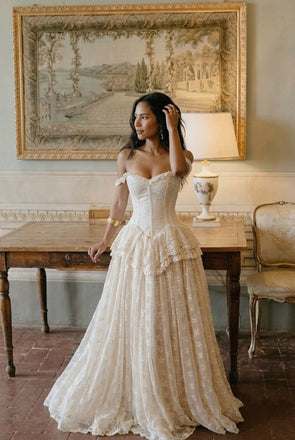 Elegant Off-Shoulder Corset Wedding Dresses Unique Lace A-Line Floor-Length Gown,WD0622