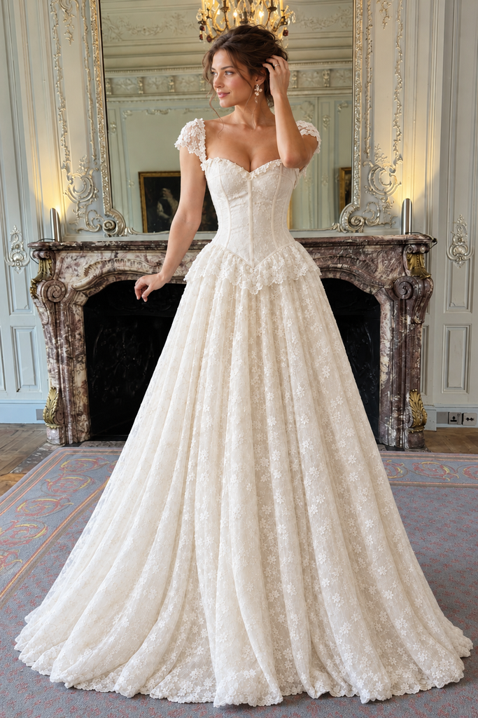 Fancy Ivory Cap Sleeve Corset Lace Wedding Dresses,WD0676