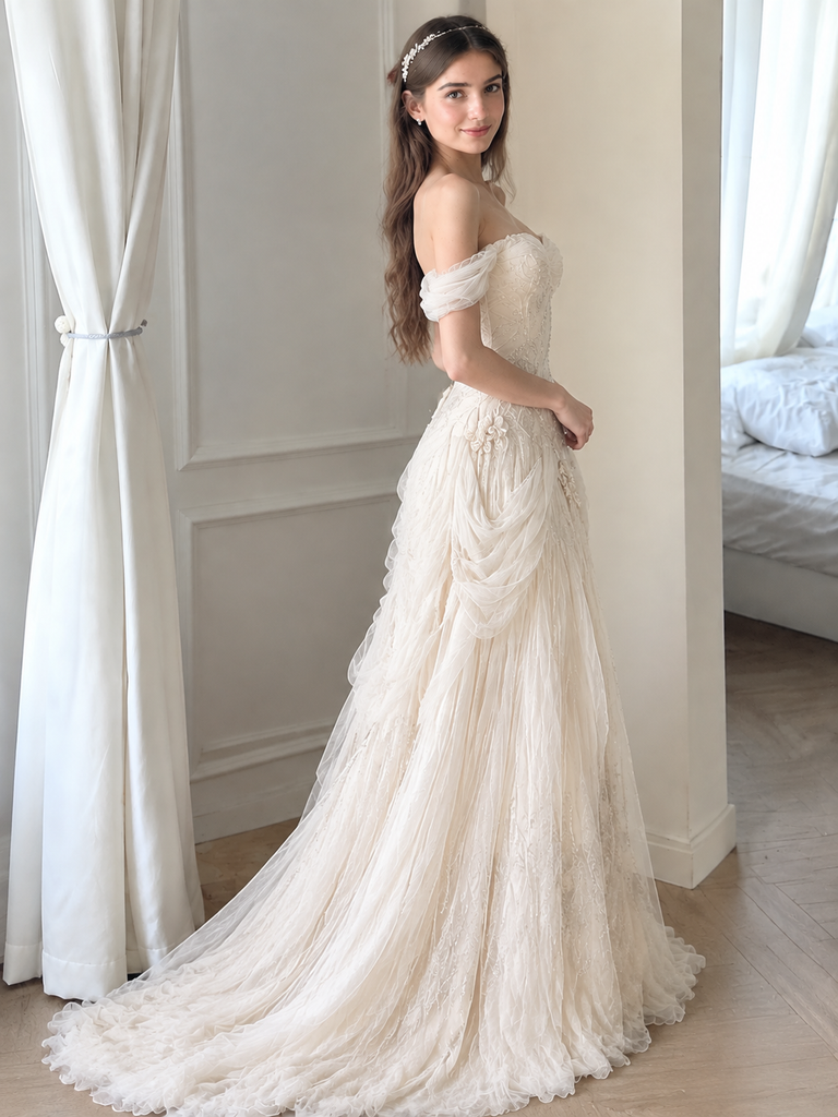 Beautiful Off-Shoulder Tulle A-Line Wedding Dresses with Classy Ruched Draping,WD0656