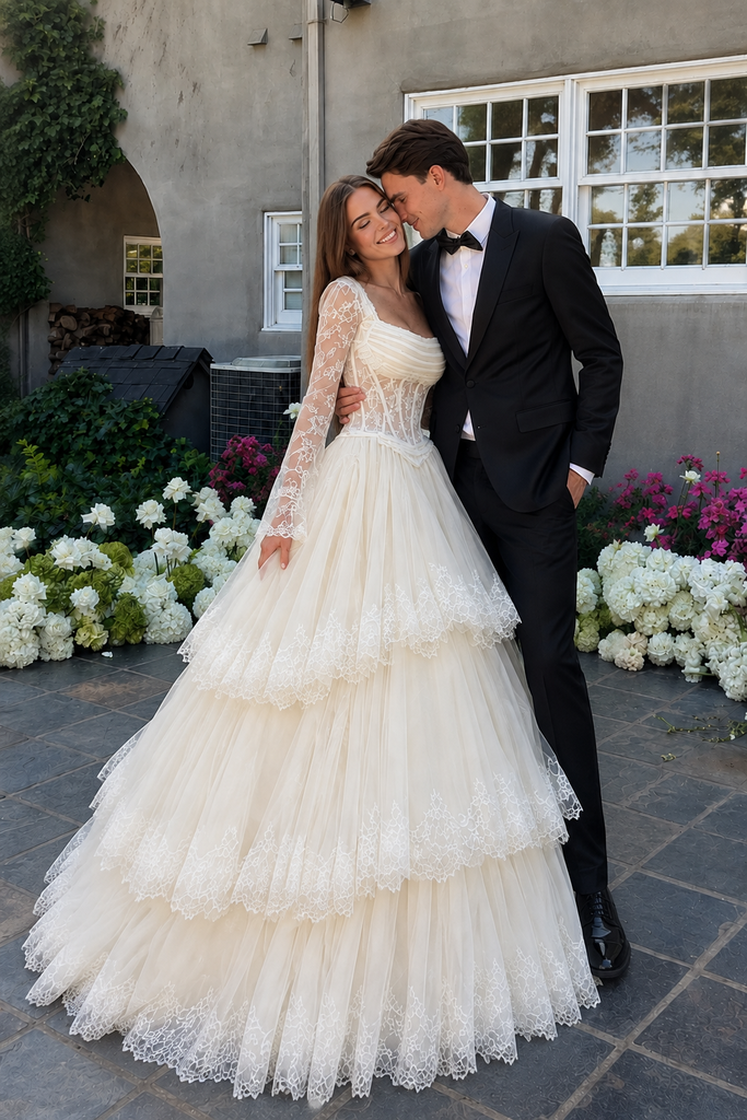 Elegant Square Neck Long Sleeve Ball Gown Floor Length Tiered Lace Wedding Dresses,WD0647